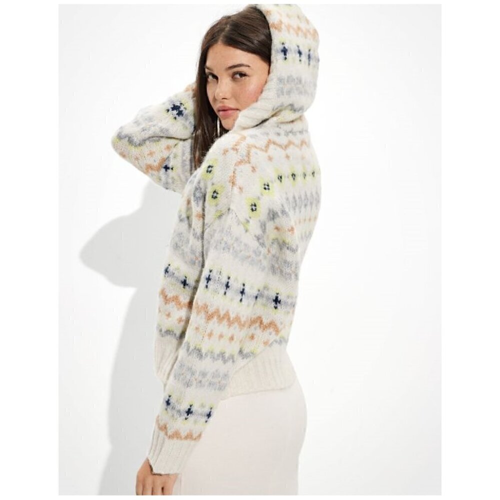 American Eagle Soft & Cozy Fair Isle Hoodie Soft Knit V-Neck Sweater Size XS NWT